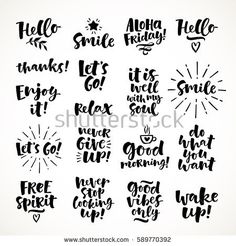 hand drawn lettering set hello, smile, enjoy, let it's nice to be with you