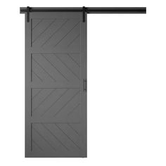 an open gray door with black hardware on the top and bottom, against a white background