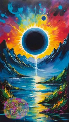 a painting with the sun rising over mountains and water