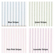 four different colors of striped fabric with the names blue stripes, green stripes, and lavender stripes