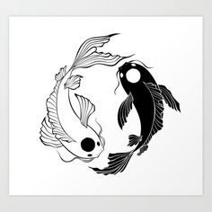 two black and white koi fish in a circular design on a white paper background