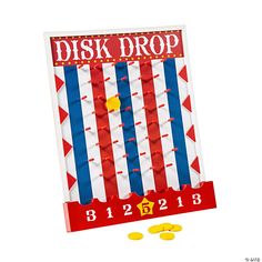 a red, white and blue display with yellow coins in front of it that says disk drop