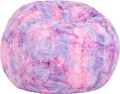 a pink and purple bean bag sitting on top of a white floor