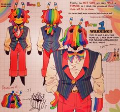 the paper doll is designed to look like clowns with different colored hair and clothes