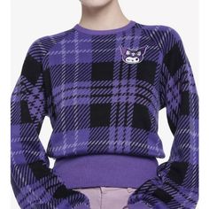 Nwt Sanrio Kuromi Purple Plaid Knit Sweater Purple Knit Crew Neck Top, Trendy Purple Knit Tops, Purple Crew Neck Knit Sweater, Purple Knit Crew Neck Sweater, Fitted Purple Crew Neck Sweater, Purple Knitted Long Sleeve Top, Trendy Purple Crew Neck Sweater, Purple Knit Long Sleeve Top, Trendy Purple Knitted Sweater