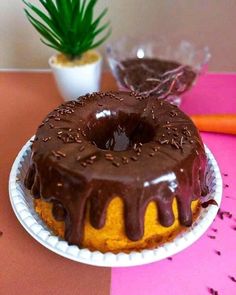 a chocolate frosted bundt cake sitting on top of a table next to a potted plant