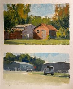 two watercolor paintings of houses in the countryside