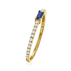 Ross-Simons - .10ct Sapphire, .20ct t. w. Diamond Ring in 14kt Yellow Gold. Size 8. RS Pure. Simple, modern, pretty ? and oh-so-fun to mix and match. In this dainty ring, a .10 carat baguette sapphire is highlighted by .20 ct. t. w. diamonds. Set in polished 14kt yellow gold. Add a touch of color to your stack with this minimalist design. 1/16" wide. Sapphire and diamond ring. Sapphire birthstones are the perfect gift for September birthdays. Sapphire Birthstone Ring, Sapphire Birthstone, Fiery Red, Anniversary Bands, Sapphire Jewelry, Dainty Ring, Birthstone Ring, Purple Color, Minimalist Design