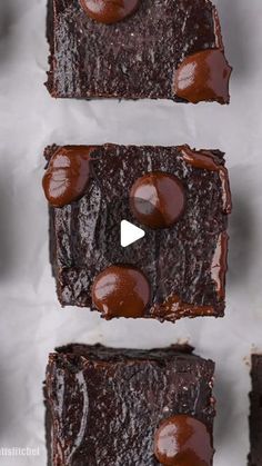 three pieces of chocolate brownie on top of each other with caramel toppings