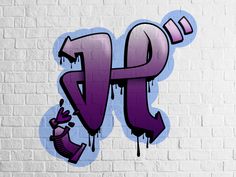 graffiti on the side of a white brick wall with purple letters and a cartoon figure