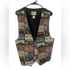 Funky Vintage License Plate Vest Size Xl New With Tag Cheap Vintage Vest Top, 90 Vest, Retro Tank Top Vest, Fitted Vintage Vest For Festivals, Vintage Streetwear Vest With Pockets, Funky Jackets, Cheap Multicolor Vintage Vest, Vest Patchwork Vintage, Womens Hooded Vest