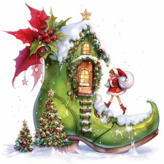 a green boot with a christmas decoration on it and a little elf climbing into the boot