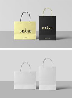 two white and black shopping bags with the word brand on them, both in different colors