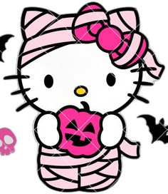 the hello kitty is wearing a pink shirt with bats around her and holding a pumpkin