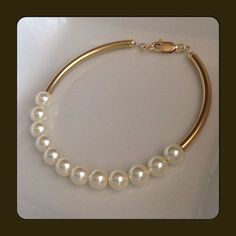 Swarovski Pearls Bracelet, Tube Bracelet, Pearls Bracelet, Yellow Gold Jewelry, Gold Hand, Homemade Jewelry, Silver Lockets, Diy Schmuck, Swarovski Pearls