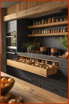 an image of a kitchen setting with breads on the counter and other food items