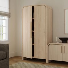 a living room scene with focus on the armoire and cabinet in the foreground