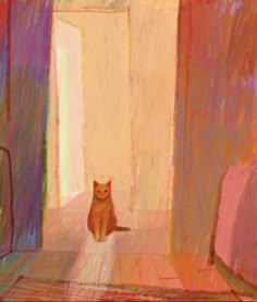 an orange cat sitting in the middle of a room