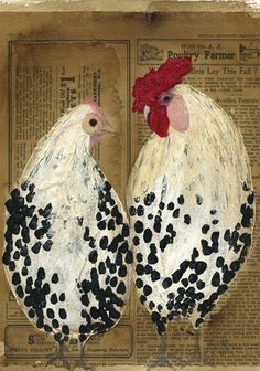 two chickens standing next to each other on top of a piece of paper with black dots