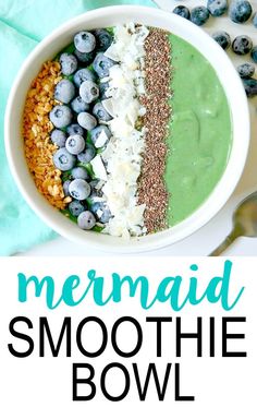 this mermaid smoothie bowl is made with blueberries, coconut and chia seeds