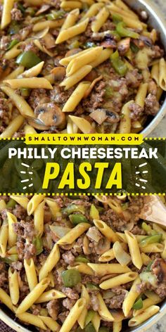 Looking for a pasta dinner recipe? This Philly Cheesesteak Pasta is packed with ground beef, green peppers, mushrooms, and creamy provolone cheese. Save this easy homemade meal that's perfect for a busy weeknight dinner!