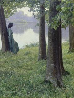 a painting of a woman standing in the woods next to a body of water with trees around her