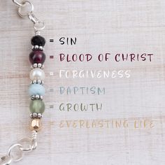 A series of colored beads to help you memorize passages from the Bible that you can share with others, helping them to understand the path to salvation: Black/Sin - For all have sinned and fall short of the glory of God. Romans 3:23 Red/Blood of Christ - While we were yet sinners, Christ died for us. Romans 5:8 White/Forgiveness - If we confess our sins, He is faithful and righteous to forgive us our sins and to cleanse us from all unrighteousness. 1 John 1:9 Blue/Baptism - Whoever believes and Faith Bracelet Diy, Faith Beaded Bracelets, Bible Verse Bracelets Diy, Christian Bracelet Ideas, Gospel Bracelet, Meaningful Bracelets, Scripture Bracelet, Salvation Bracelet, Beaded Ideas