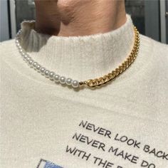 Men's Gold Pearl Cuban Link Chain Necklace Punk Rock Jewelry Stainless Steel 18" | eBay Chain And Pearl Necklace, Mens Choker Necklace, Men Choker, Mode Hip Hop, Gold And Silver Bracelets, Simple Bracelets, Link Chain Necklace, Chain Choker Necklace, Cuban Chain