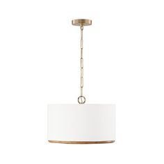 a light fixture with a white shade hanging from it's side and a gold chain on the bottom