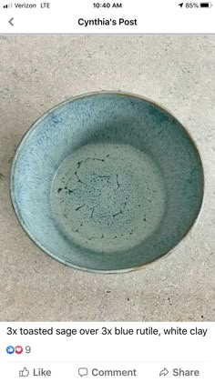 a blue bowl sitting on top of a counter next to a white cup with the words cynthia's post