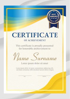 an award certificate with blue and yellow waves on the bottom, gold trimmings