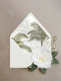 a white flower sitting on top of an envelope with greenery and palm leaves in it