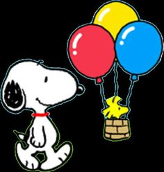 a snoopy dog with some balloons floating in the air on a black background,