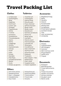 the travel packing list is shown in black and white, with text that reads travel packing list