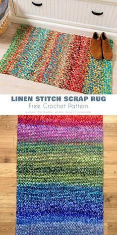 a colorful rug with the words linen stitch strip rug on it and an image of a pair