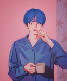 a man with blue hair is holding a coffee cup and looking at his hand on his chin