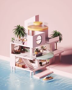 an architectural model of a house in the water