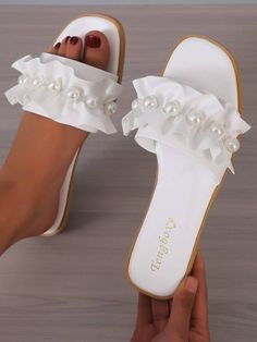 Free Returns ✓ Free Shipping✓. Women Faux Pearl & Ruffle Decor Single Band Slide Sandals, Preppy White Solid Outdoor Flat Sandals- Women Flat Sandals at SHEIN. Wedding Slides, Sandals Preppy, White Flat Sandals, Reception Shoes, Fancy Sandals, Women Flat Sandals, Pretty Sandals, Shoes Heels Classy, Wedding Shoes Bride