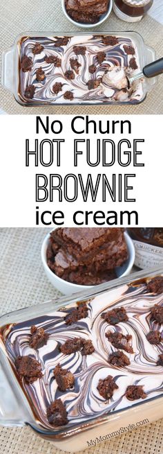 no churn hot fudge brownie ice cream is shown in three separate pans