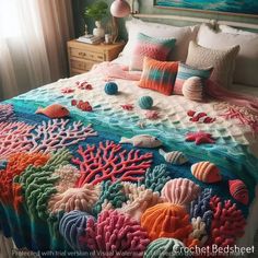 a bed covered in lots of different colored corals