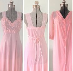 "Vintage nightgown set. This is a beautiful nightgown set! The nightgown itself is pure perfection! The top of the gown is a pink floral lace that's on the bodice and around to the back of the gown. There is a tie going around to the back making for a pretty formed fit. The gown doesn't hang just straight down there is a shape to it. The matching housecoat has sheer sleeves with a pretty little pink bow on each wrist. There are 7-buttons going up the front for the closure. Matching pink floral l Rework Clothes, Beautiful Nightgown, Nightgown Vintage, Pink Nightgown, Turkish Dress, Nightgown Sets, Lingerie Vintage, Cotton Lingerie, Bra Models