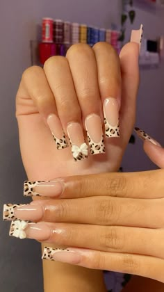 French tip nails, cheetah print, cute bow Acrylic Nail Designs With French Tip, French Nails With Leopard Print, Nail Art Designs Cheetah Print, Cheetah Print Square Nails, French Tip Nails With Cheetah Print, Cheetah Square Nails, Gel Nails Ideas Oval, Cheat Print Nails, French Tip Nails W Design