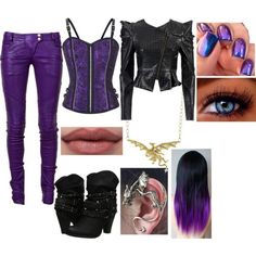 a collage of photos with purple and black hair, boots, and clothing items