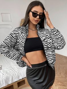 Black and White Casual  Long Sleeve Polyester Zebra Stripe Puffer  Non-Stretch Winter Women Outerwear Zebra Print Coat Outfit, Zebra Coat Outfits, Zebra Print Jacket Outfit, Zebra Coat, Black Long Sleeve Zebra Print Dress, Women Outerwear, Winter Coats, Winter Coats Women, White Casual