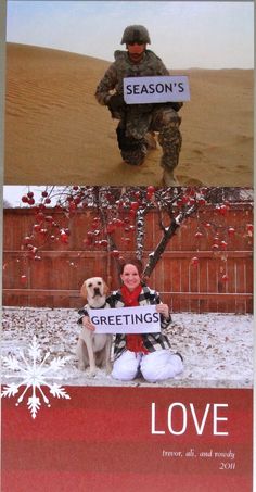 a woman sitting next to a dog holding a sign that says greetings, love and season's greetings