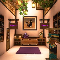 a living room filled with lots of furniture and bookshelves next to a purple rug