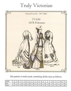 Truly Victorian #430 - 1878 Polonaise - Historical Dress Pattern Cotton Victorian Dress For Dressmaking, Victorian Walking Dress Pattern, Sewing Patterns Victorian, Truly Victorian Pattern, Historical Dress Patterns, Historical Victorian Dress With Ruffles, Polonaise Dress, Truly Victorian, Victorian Dress Pattern