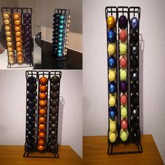 three pictures of different colored balls in a rack on a table and another photo of the same one