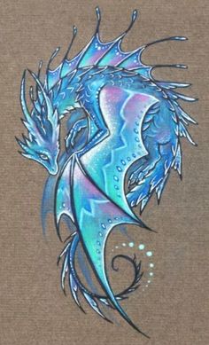 a drawing of a blue dragon with water droplets on it's body and wings