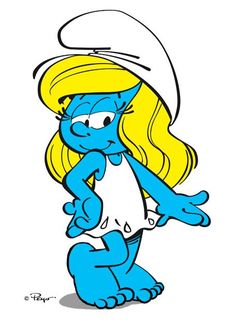 the smurf is sitting down with her head on her hands and eyes closed